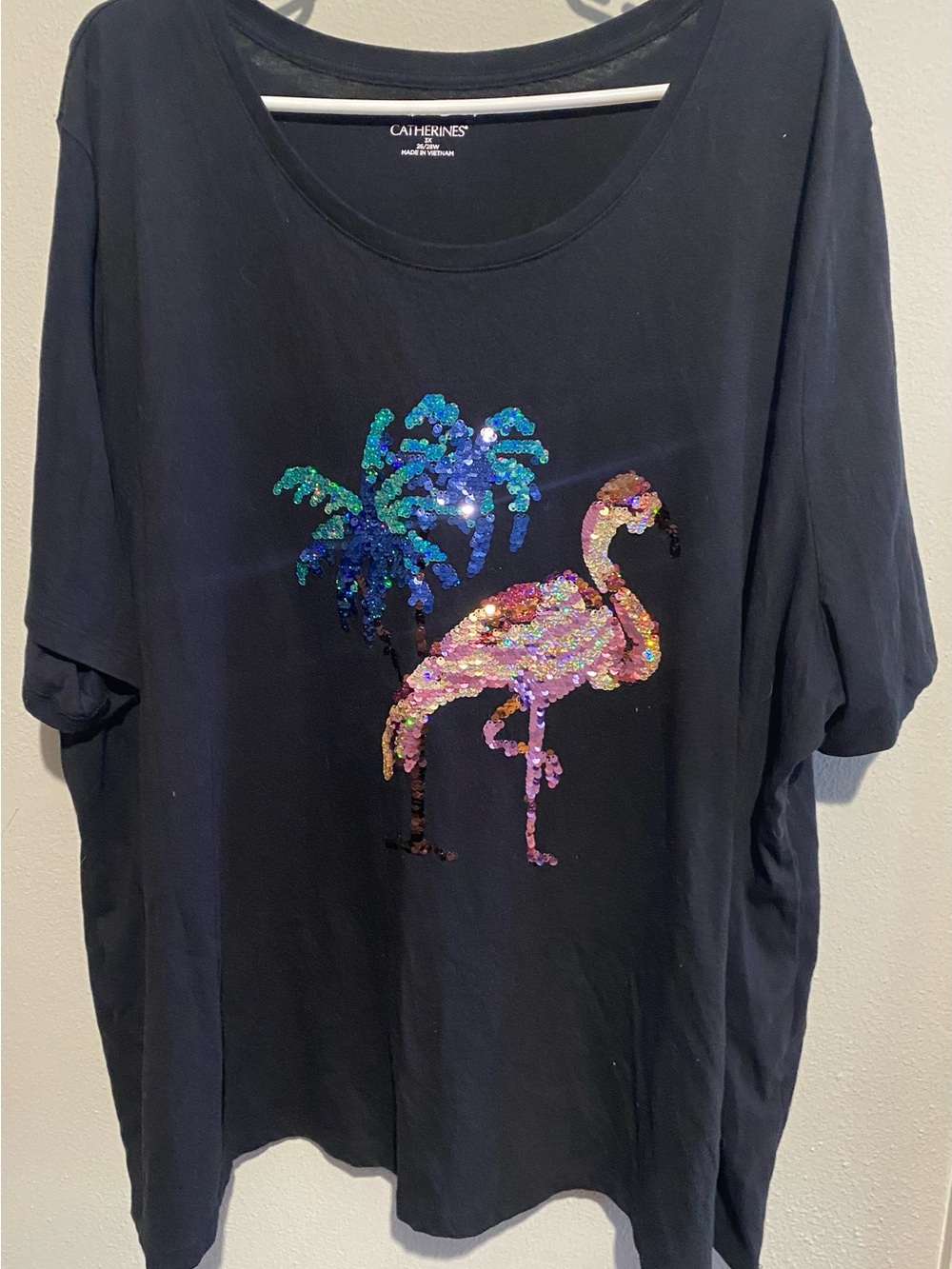 Catherines Black Tee with Sequin Flamingo